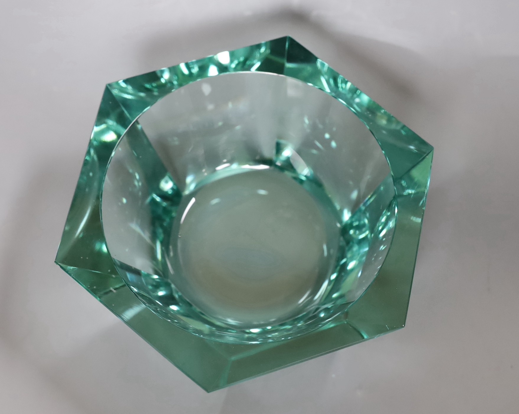 A hexagonal green Moser glass bowl